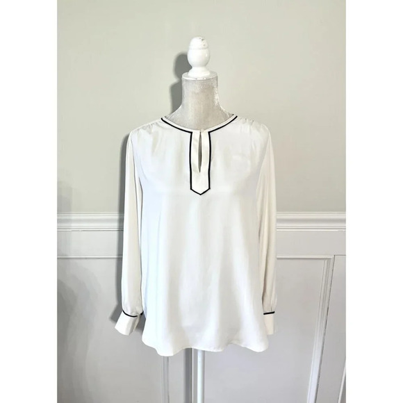 Loft Cream Tipped Blouse Keyhole S - Picture 2 of 6